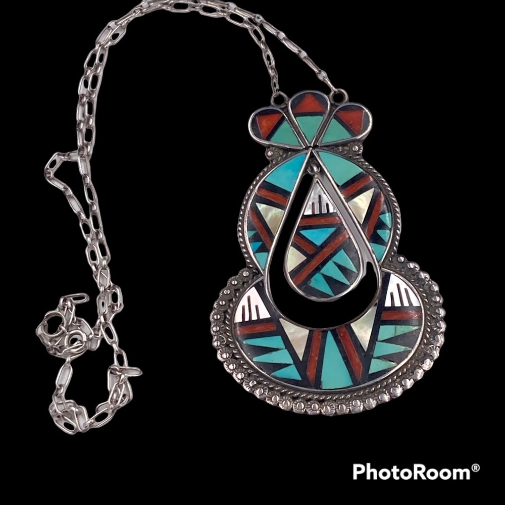 Vintage Zuni John and Rosali Bowannie Inlay Sterling Inlay Gemstone Necklace